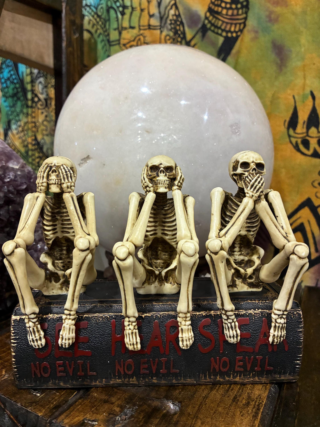 Hear See Speak No Evil Skeletons – Gothic Desk Decor, Resin Figurines (6" x 3" x 4.75")