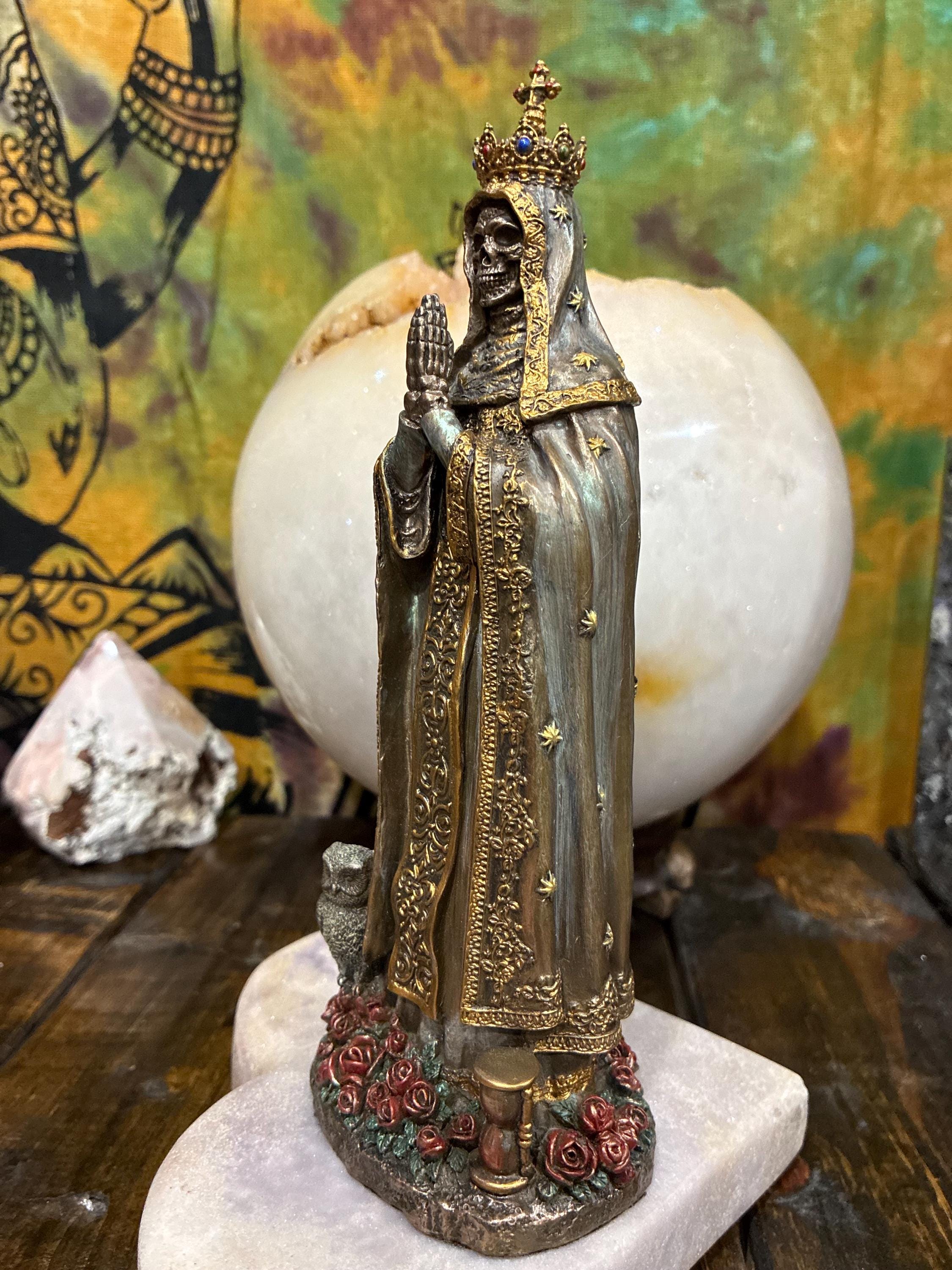 Santa Muerte Statue, Crowned Skeleton Prayer Figure, Bronze Cast Resin Altar Decor