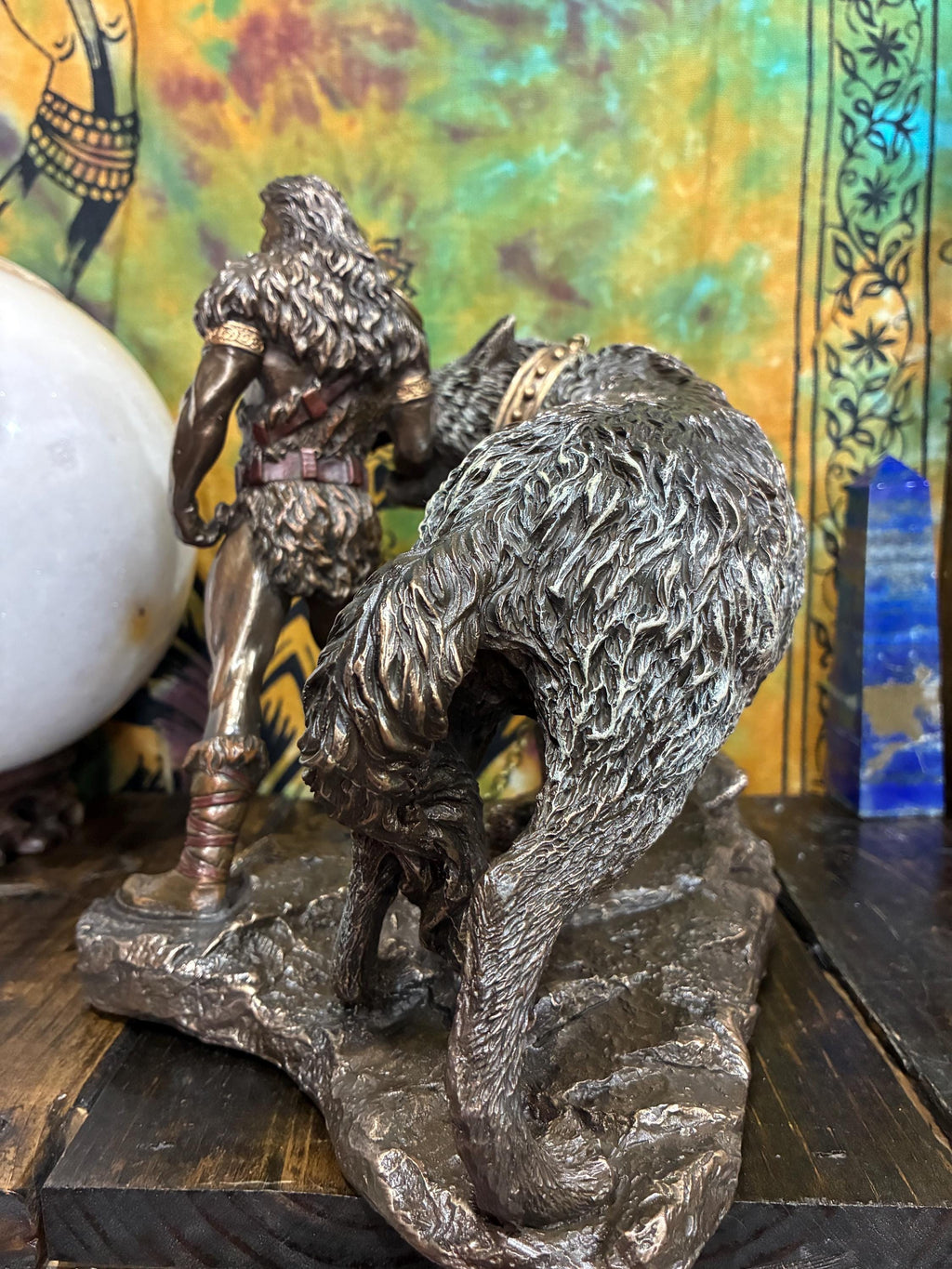 Týr Statue – Norse God of War, Justice, Fenrir Wolf Scene, Resin Viking Decor