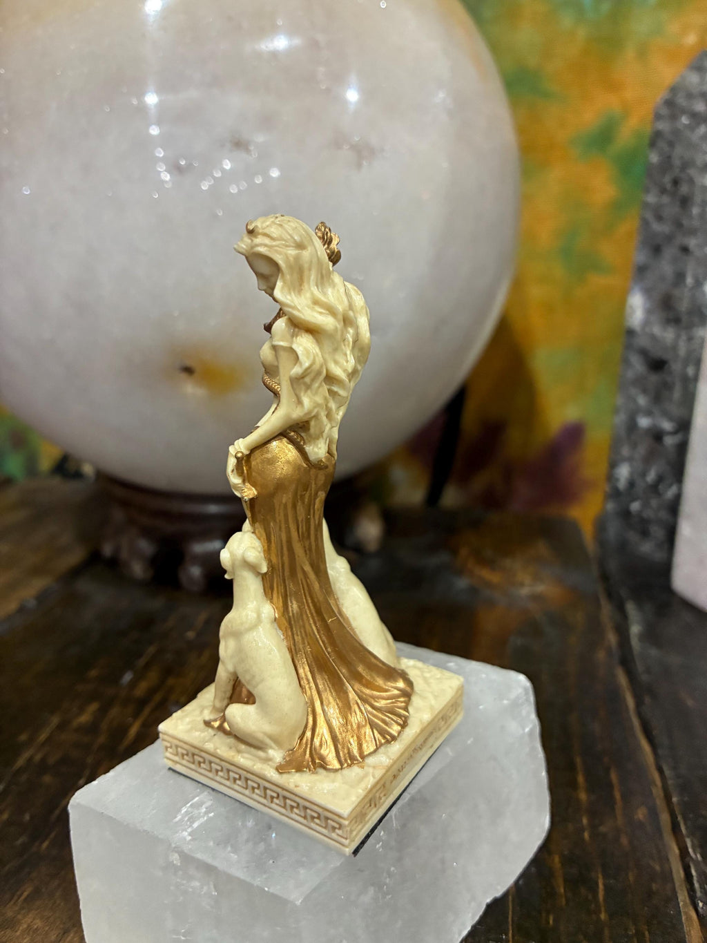 Cast Resin Hecate Statue | Greek Goddess Torch Serpent Altar Decor