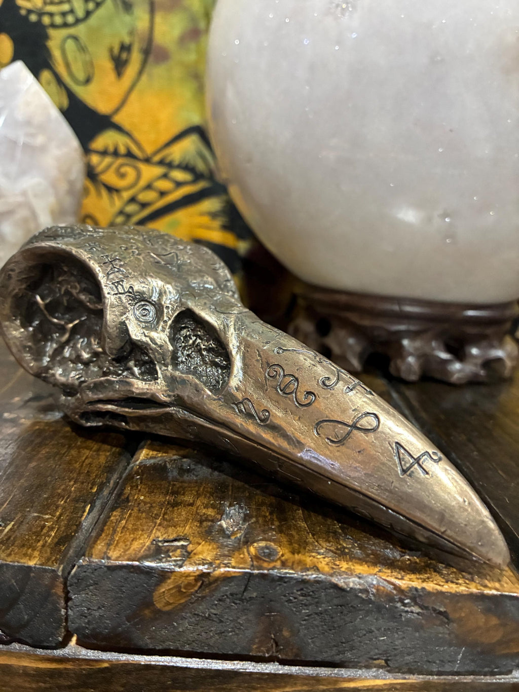 Bronze Cast Resin Raven Skull Sculpture | Gothic Occult Altar Decor