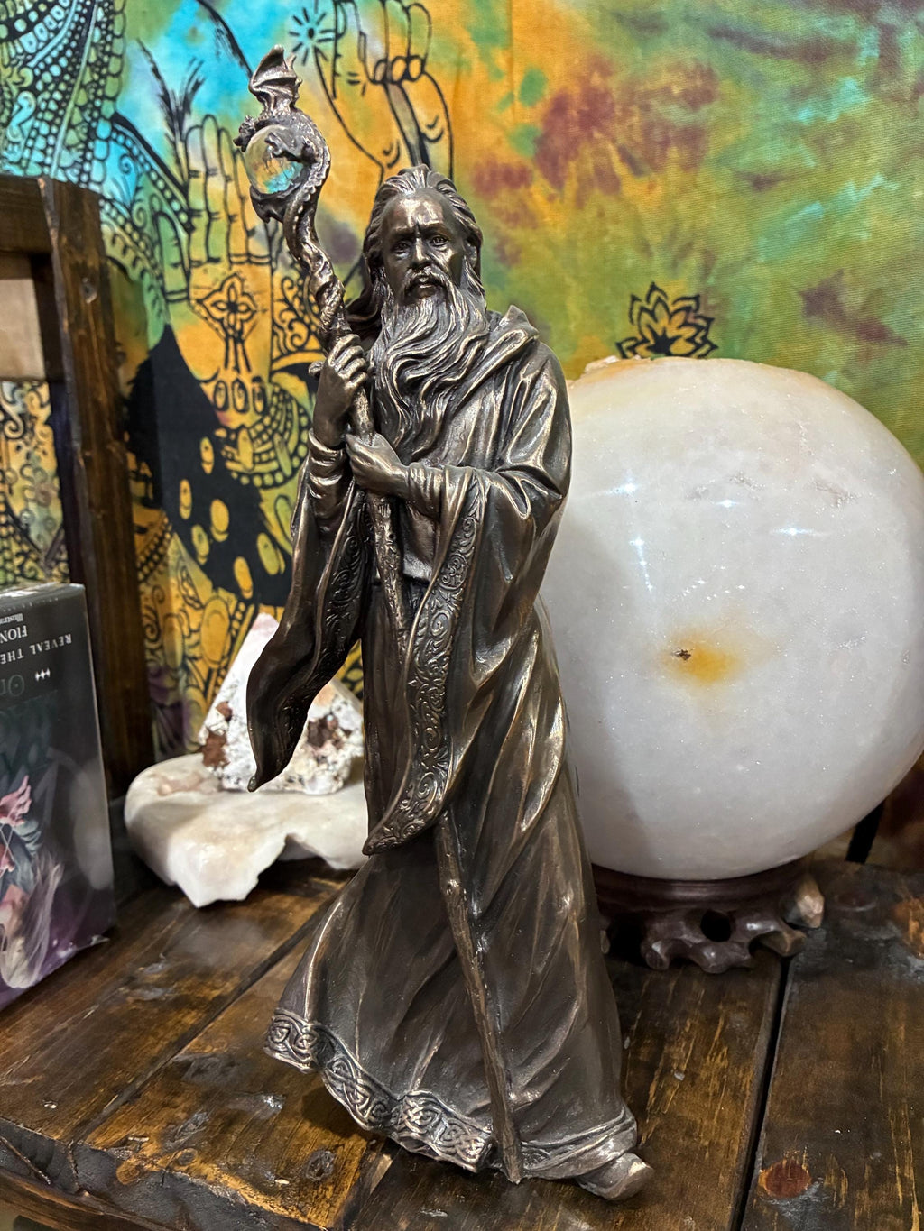 Merlin Statue | Bronze Finish Wizard with Dragon Crystal Ball Staff