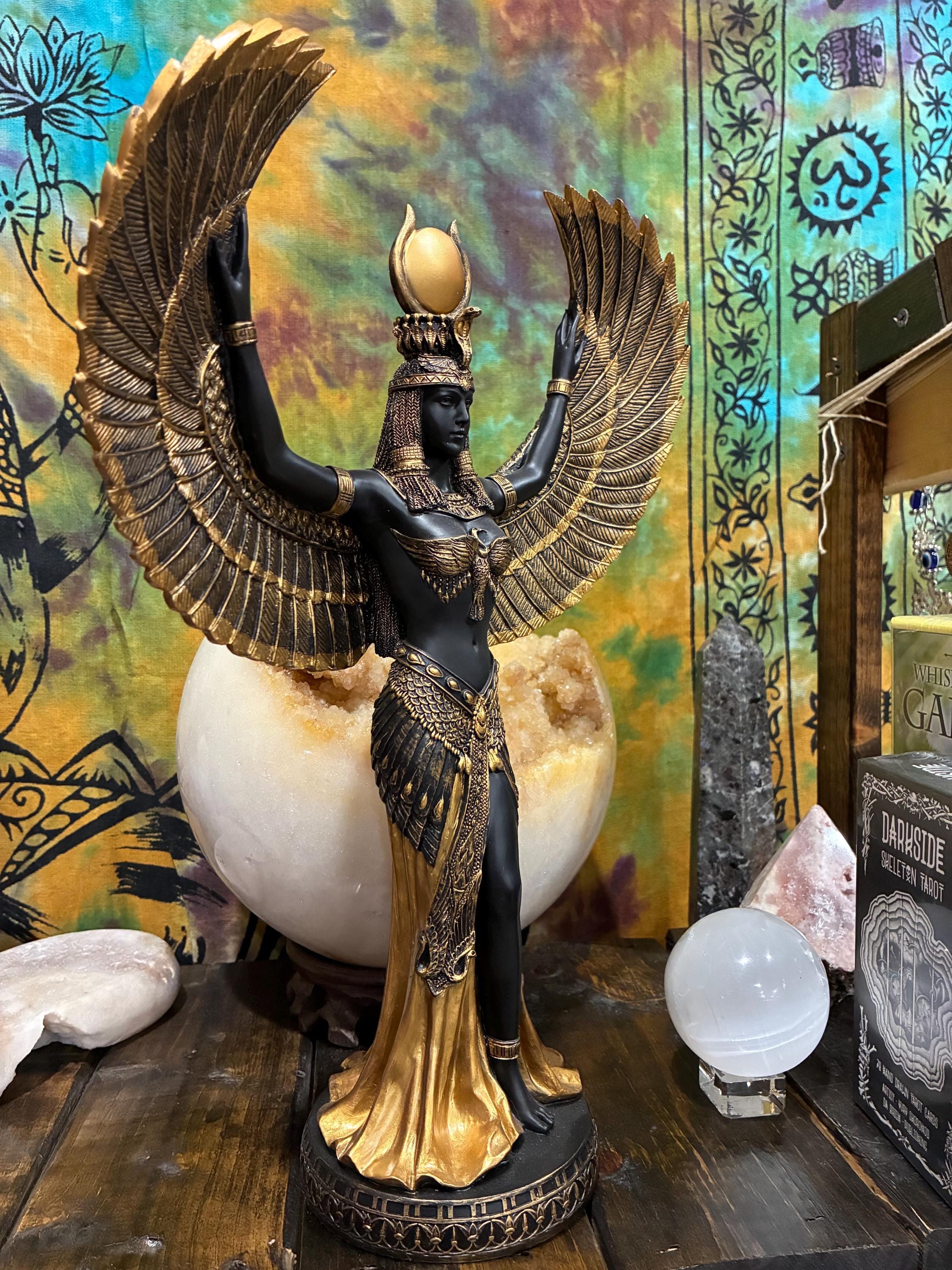 Egyptian Goddess Isis Statue with Wings - Black & Gold Altar Figurine - Spiritual Home Decor - Divine Feminine Energy