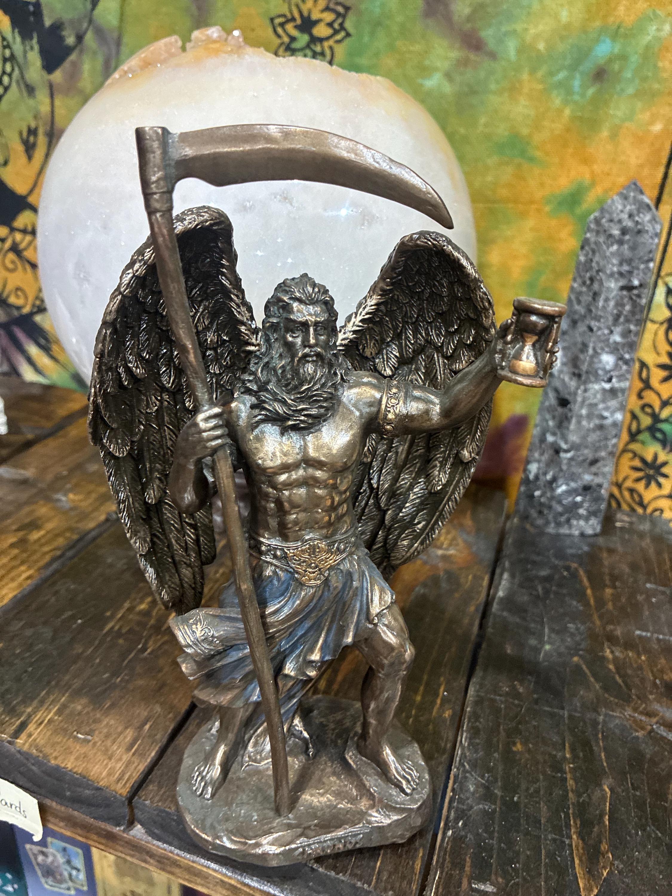 Chronos Statue – Time, Fate & Transformation | Gothic Altar Decor | Father Time, Scythe, Hourglass, Spiritual Gift