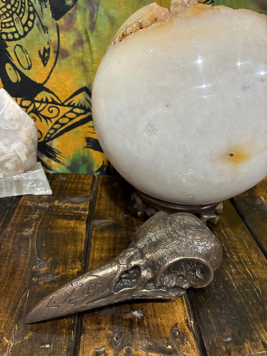 Bronze Cast Resin Raven Skull Sculpture | Gothic Occult Altar Decor