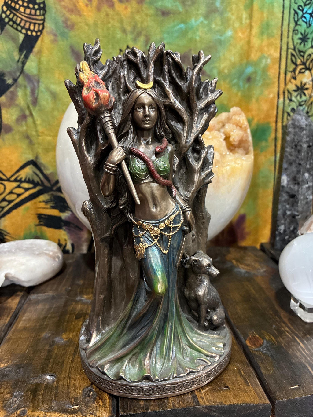 Hecate Statue with Hounds – Bronze-Tone Pagan Altar Decor