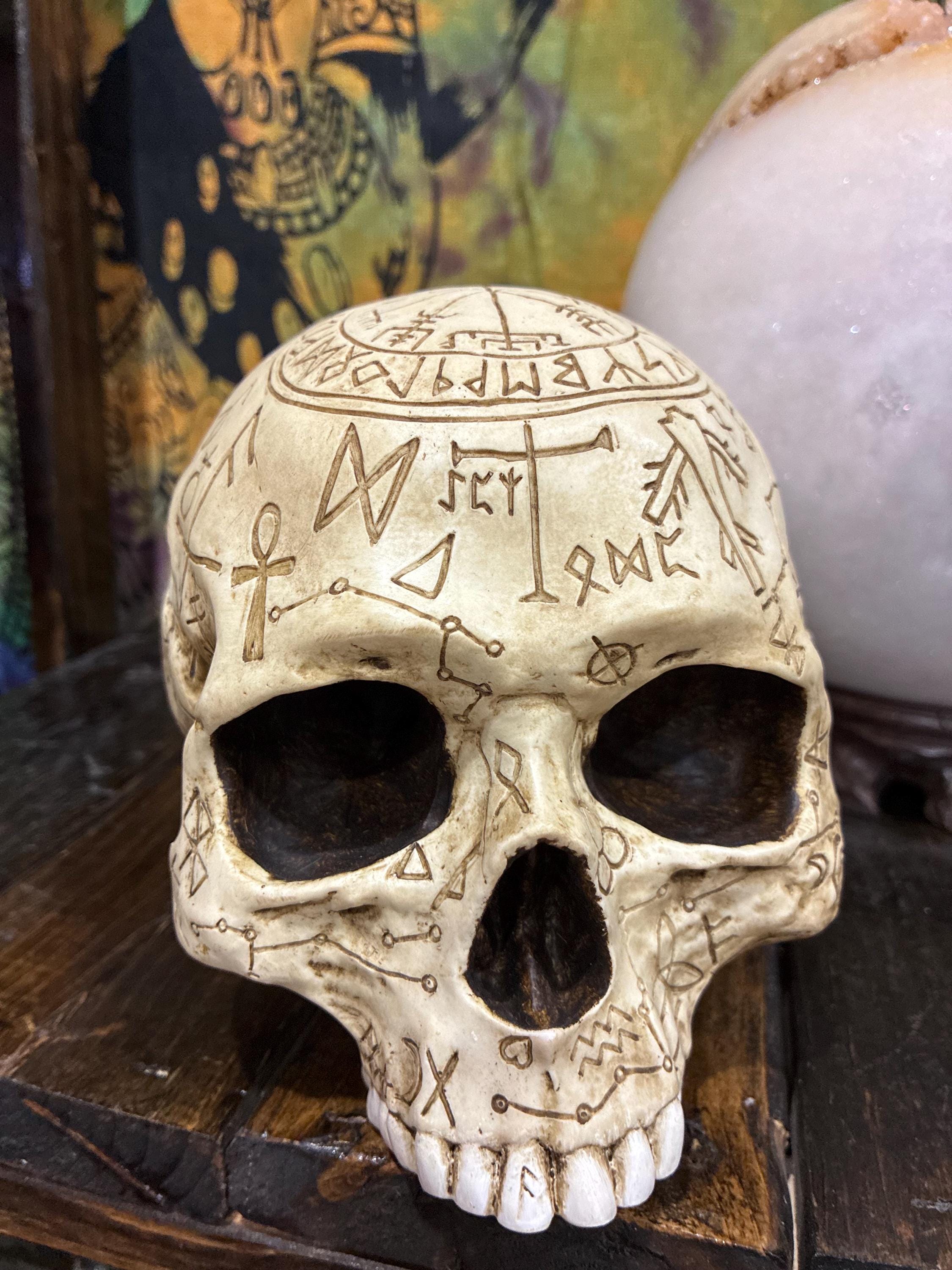 Ritual Skull Altar Decor | Engraved Sigil Polystone Occult Home 5 3/8 inches