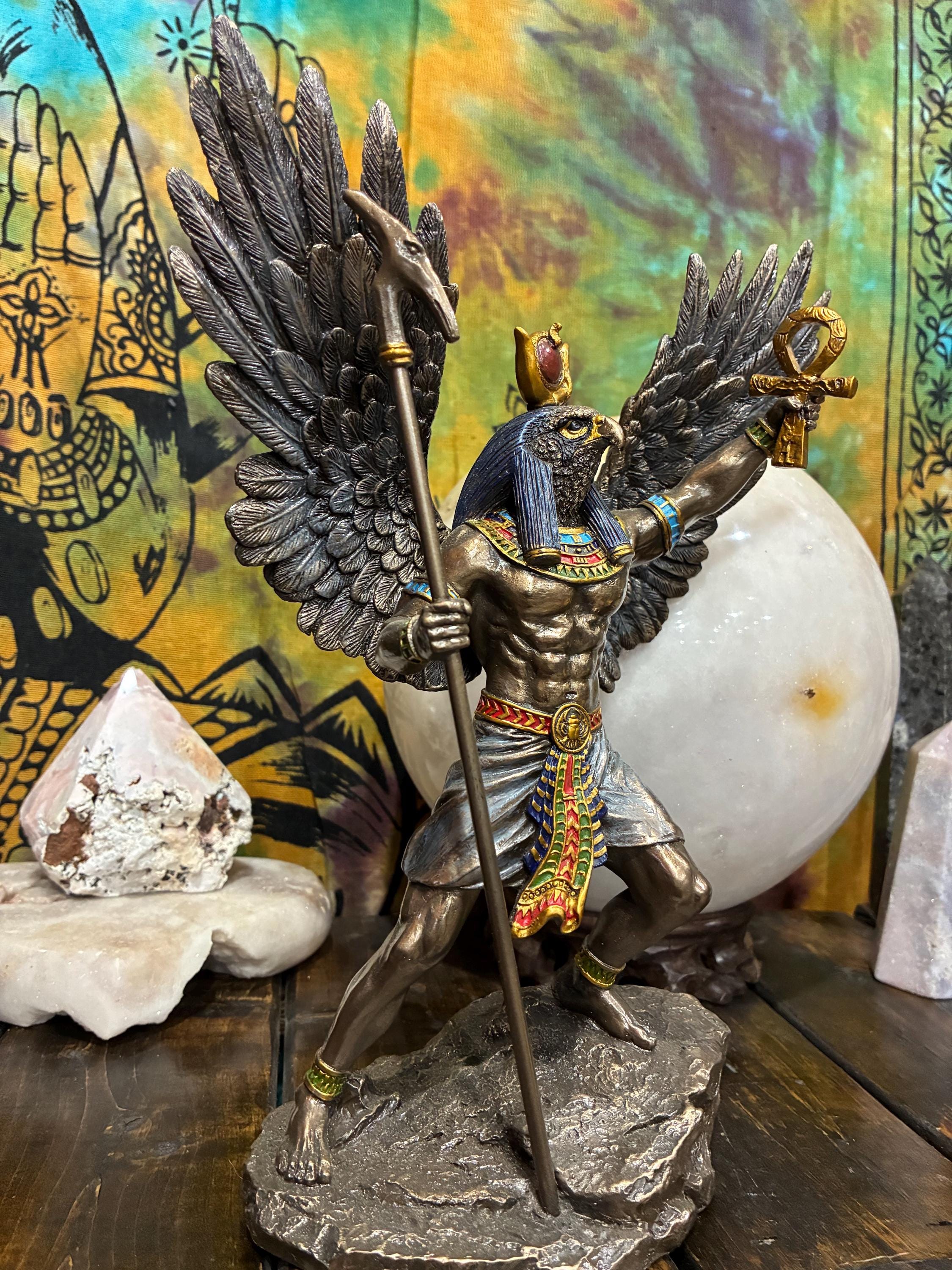Ra Statue | Bronze Finish Egyptian Sun God with Wings, Ankh | Altar Decor