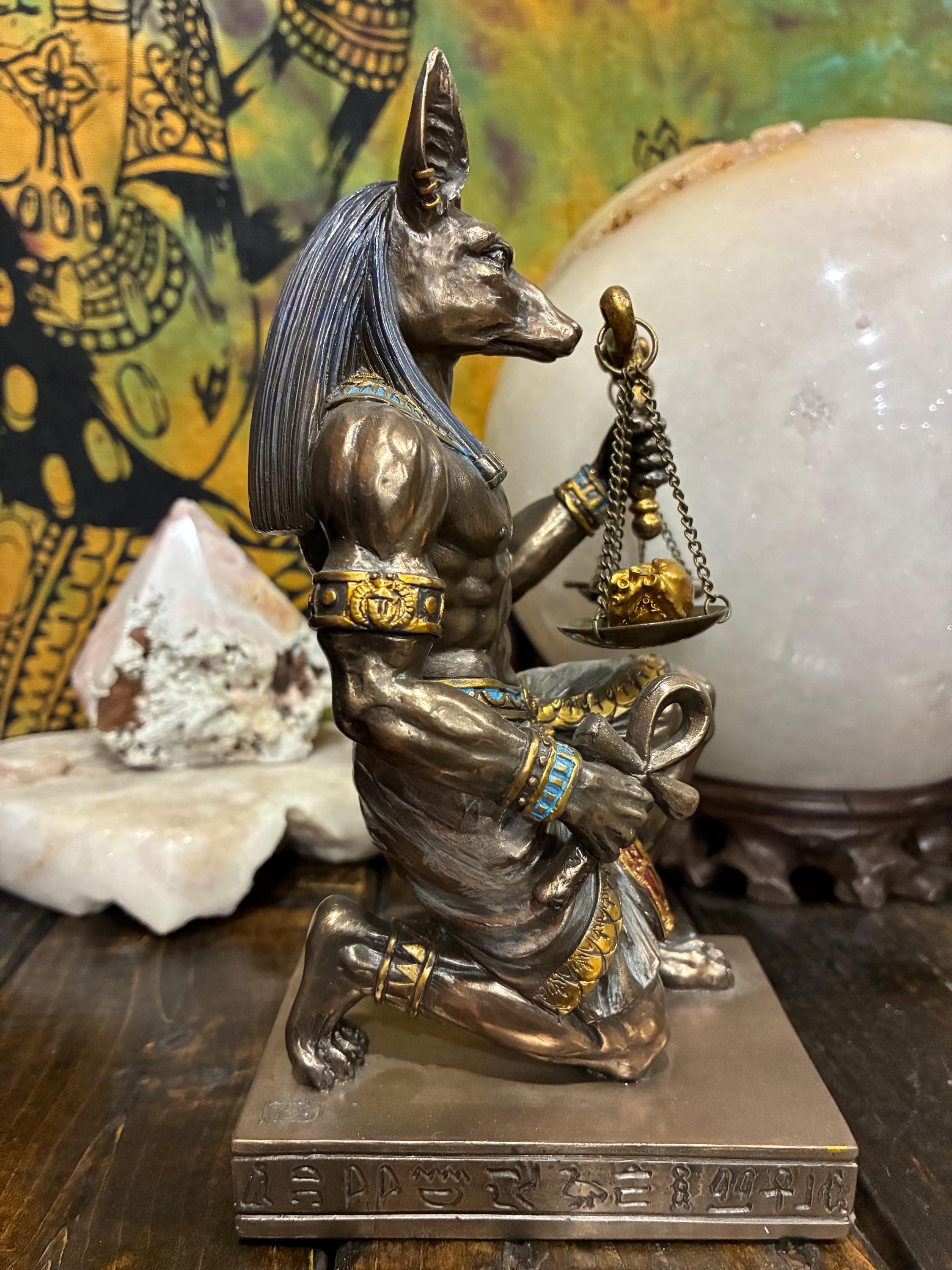 Anubis Kneeling Statue w/ Scales | Bronze-Tone Egyptian God Figurine, Gothic Altar Decor