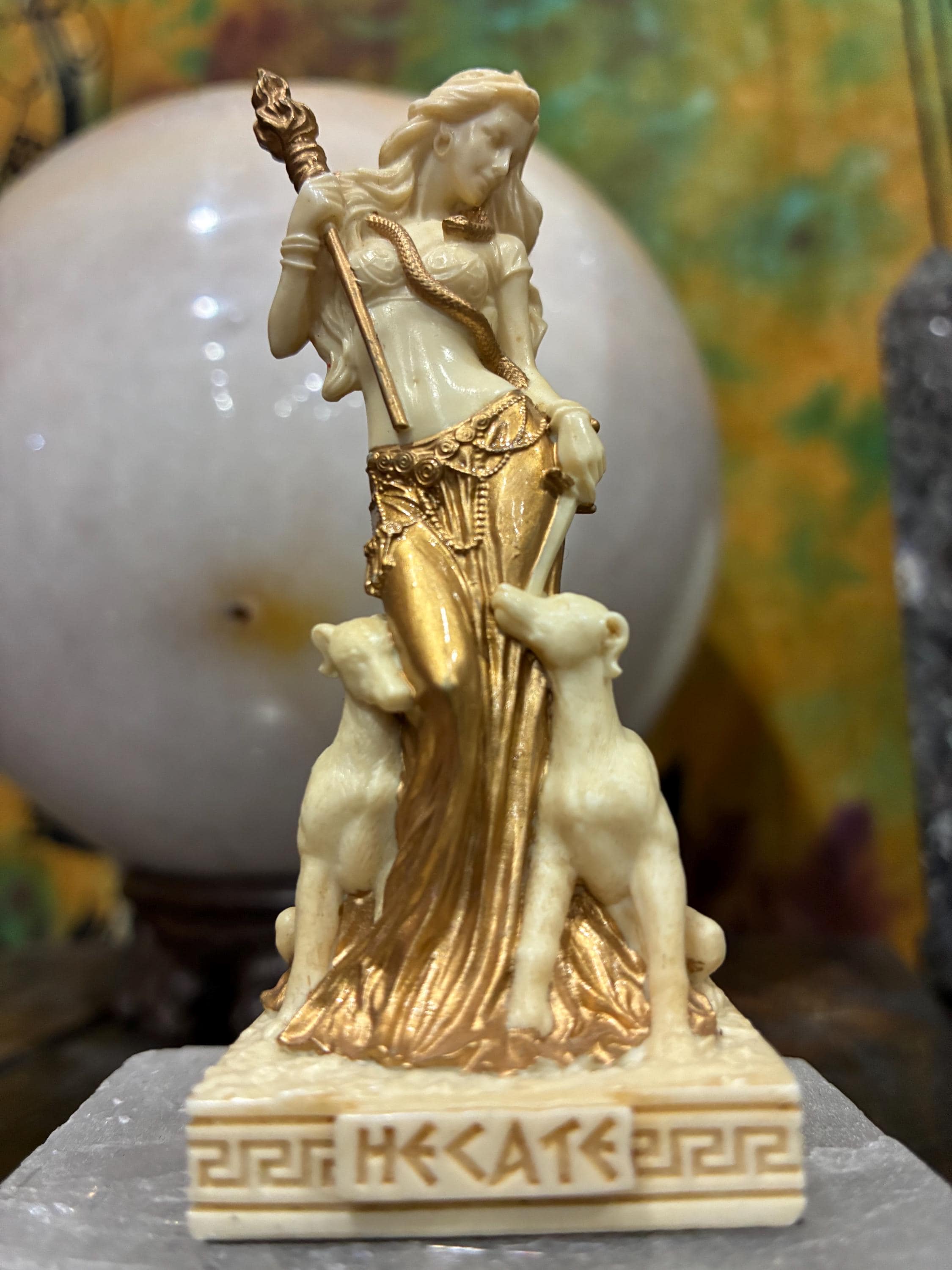Cast Resin Hecate Statue | Greek Goddess Torch Serpent Altar Decor