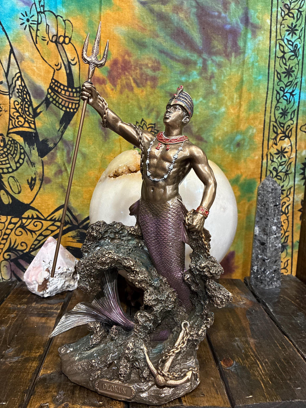 Olokun Statue 14 3/8" Bronze Cast Resin | Orisha of Deep Ocean, Mysteries, Trident, Anchor