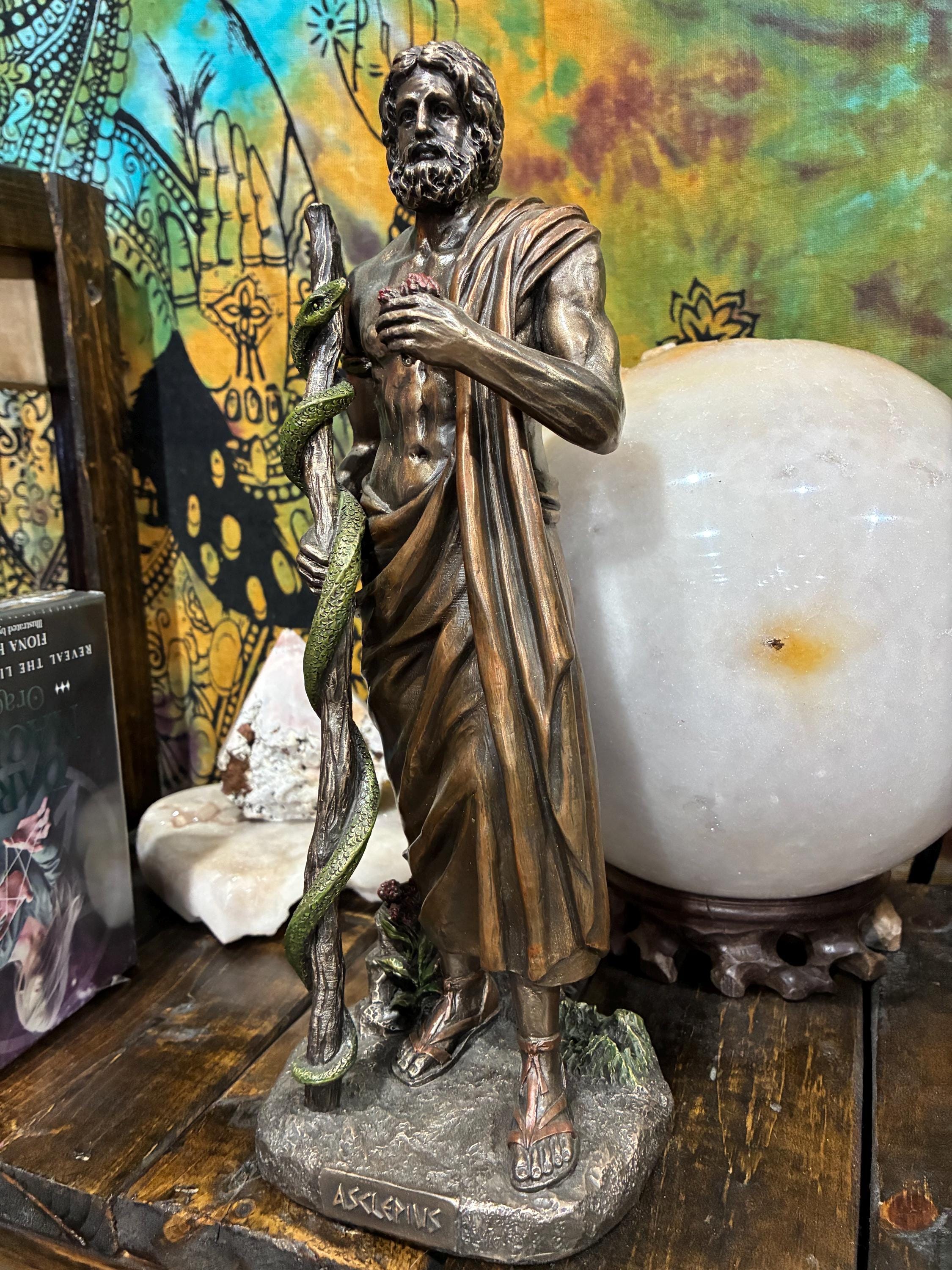 Asclepius Statue | Bronze Finish Greek God of Healing, Serpent Staff