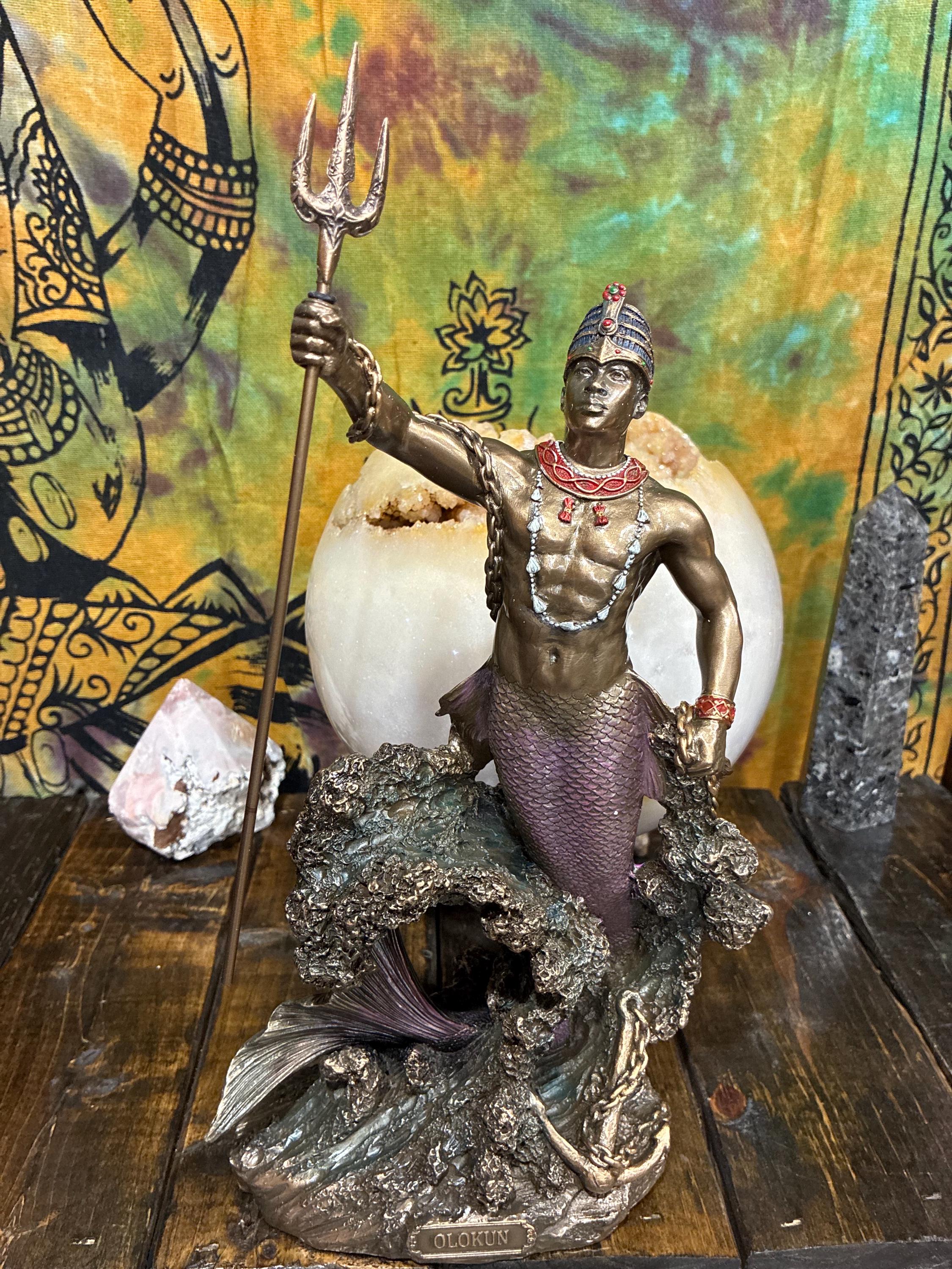 Olokun Statue 14 3/8" Bronze Cast Resin | Orisha of Deep Ocean, Mysteries, Trident, Anchor