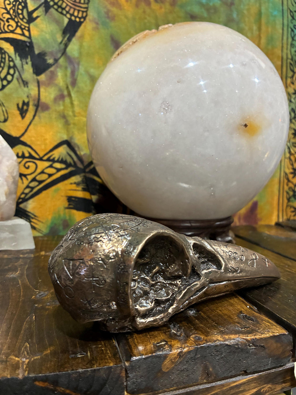 Bronze Cast Resin Raven Skull Sculpture | Gothic Occult Altar Decor