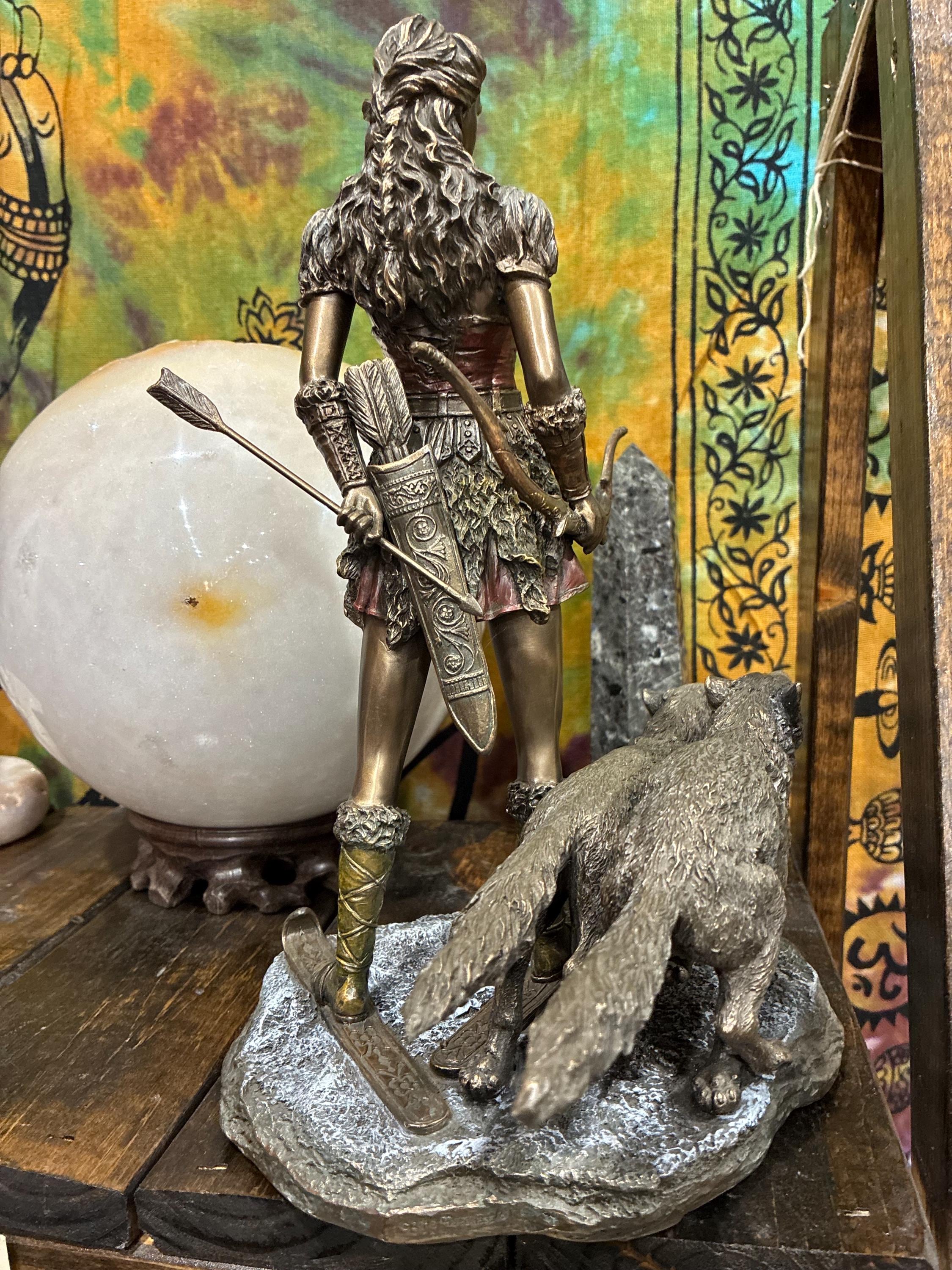 Skadi Statue | Bronze Norse Goddess with Wolves, Altar Decor