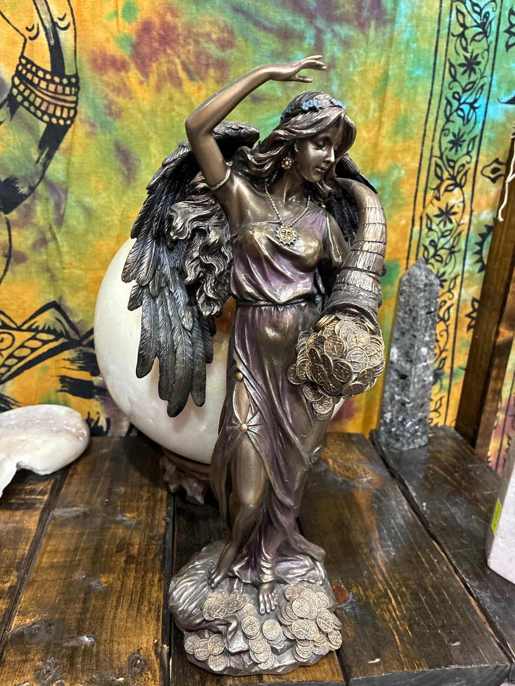 Fortuna Statue | Goddess of Luck Abundance & Prosperity | Cornucopia Money Coins | Pagan Altar Decor | Manifestation