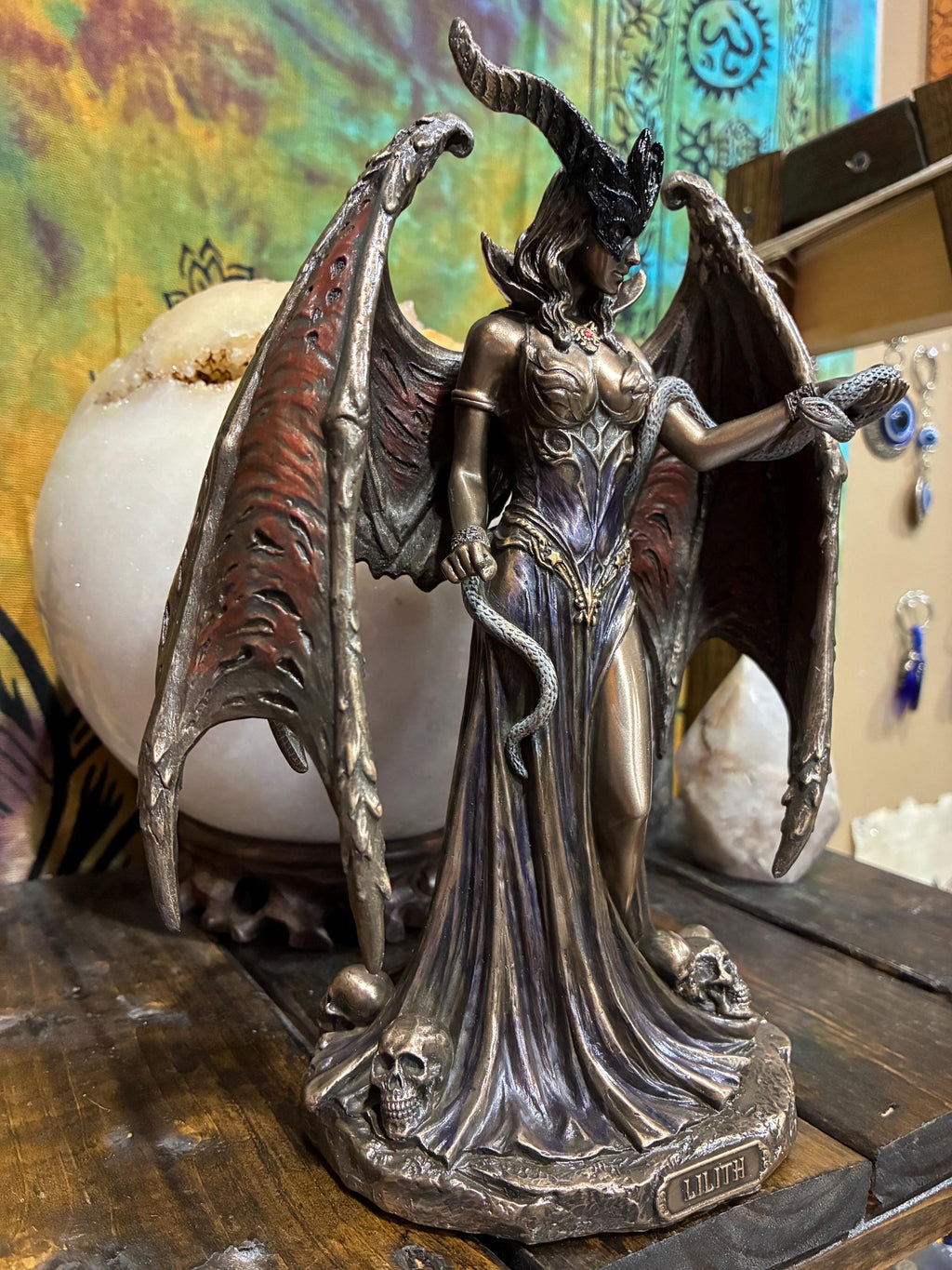 Lilith Statue 9 1/8" – Winged Gothic Demon Queen Figurine, Snake Skull Base