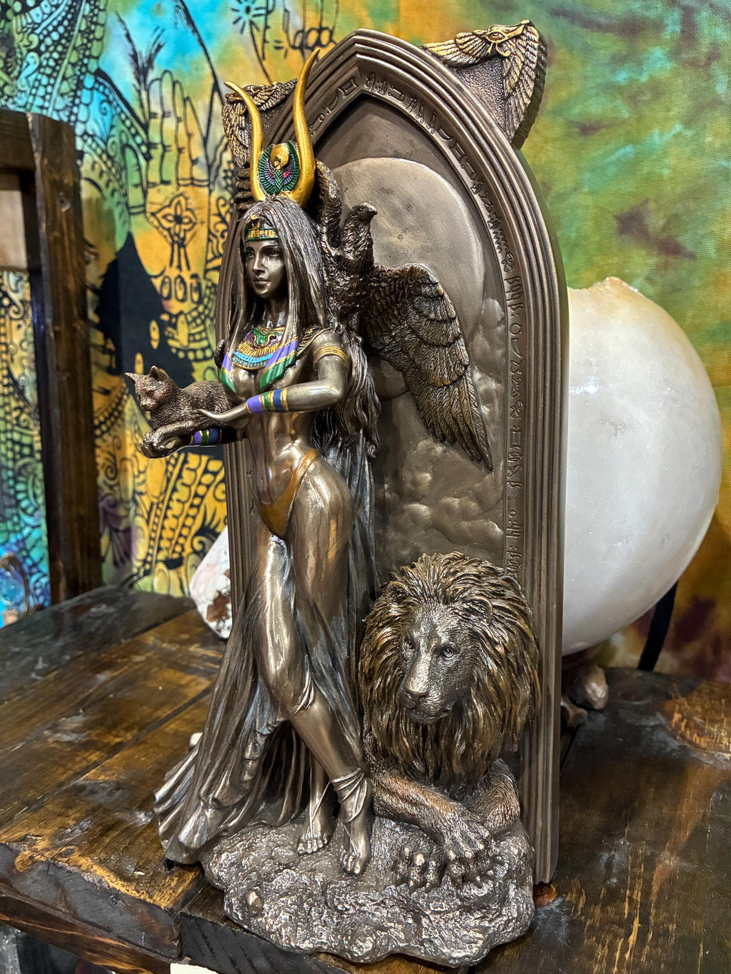 Isis-Inspired Egyptian Priestess Statue 10 3/4” | Ankh Plaque Altar Art | Winged Guardian & Lion | Bronze Cast Resin | Sacred Feminine Decor