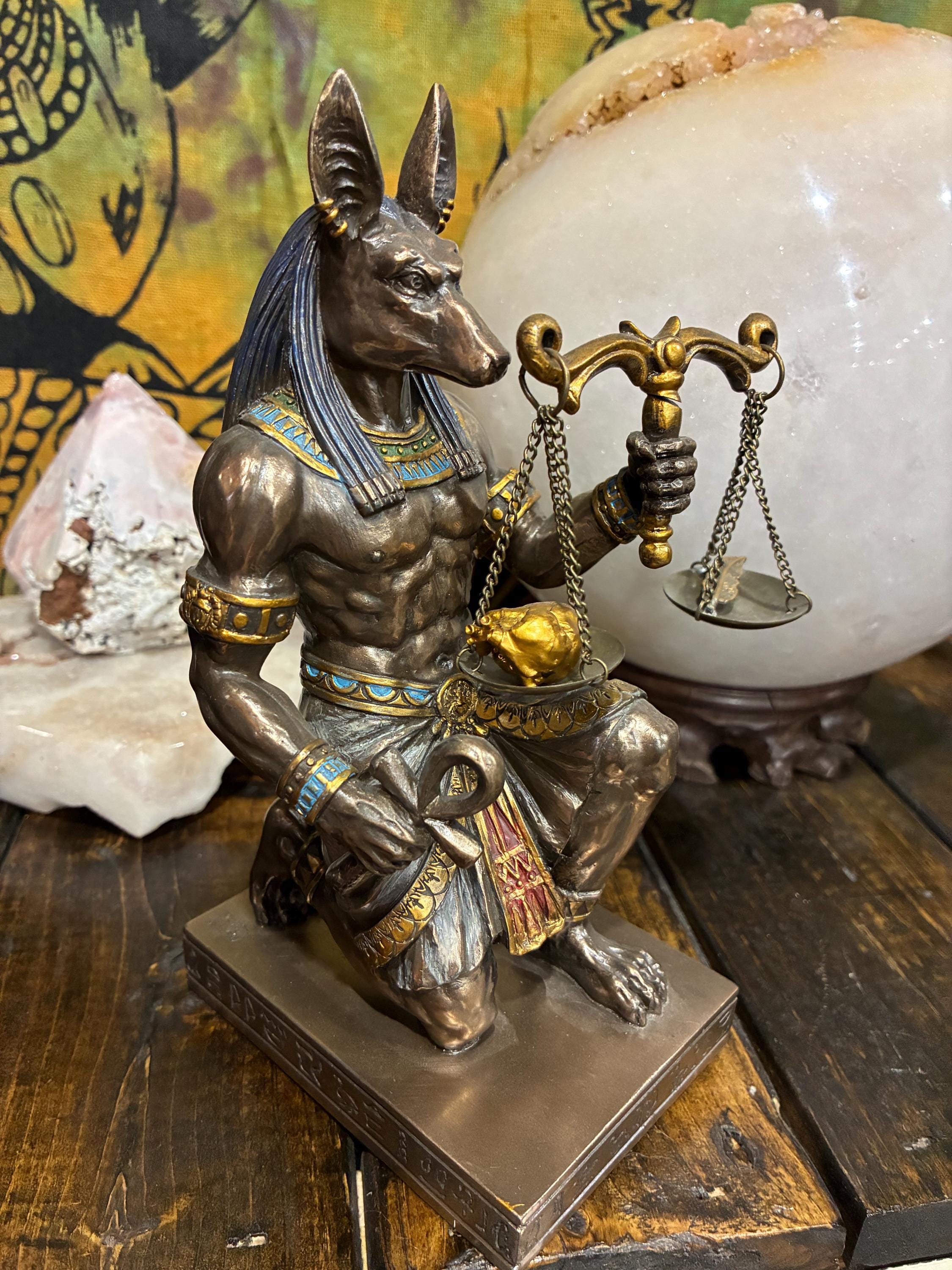 Anubis Kneeling Statue w/ Scales | Bronze-Tone Egyptian God Figurine, Gothic Altar Decor