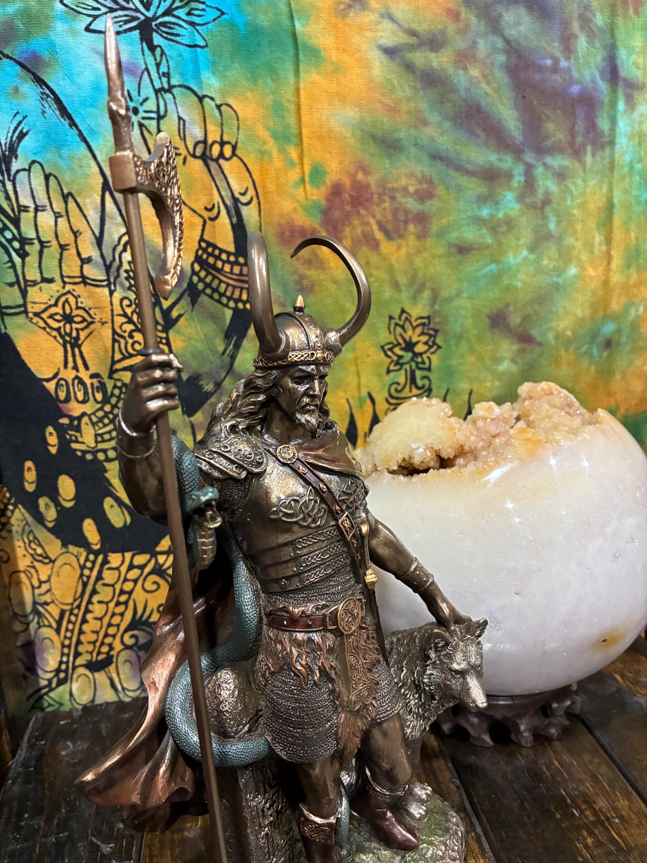 Loki Statue 13 7/8” | Norse Trickster God | Viking Altar Decor | Spear & Wolf Companion | Bronze Cast Resin | Mythology Gift